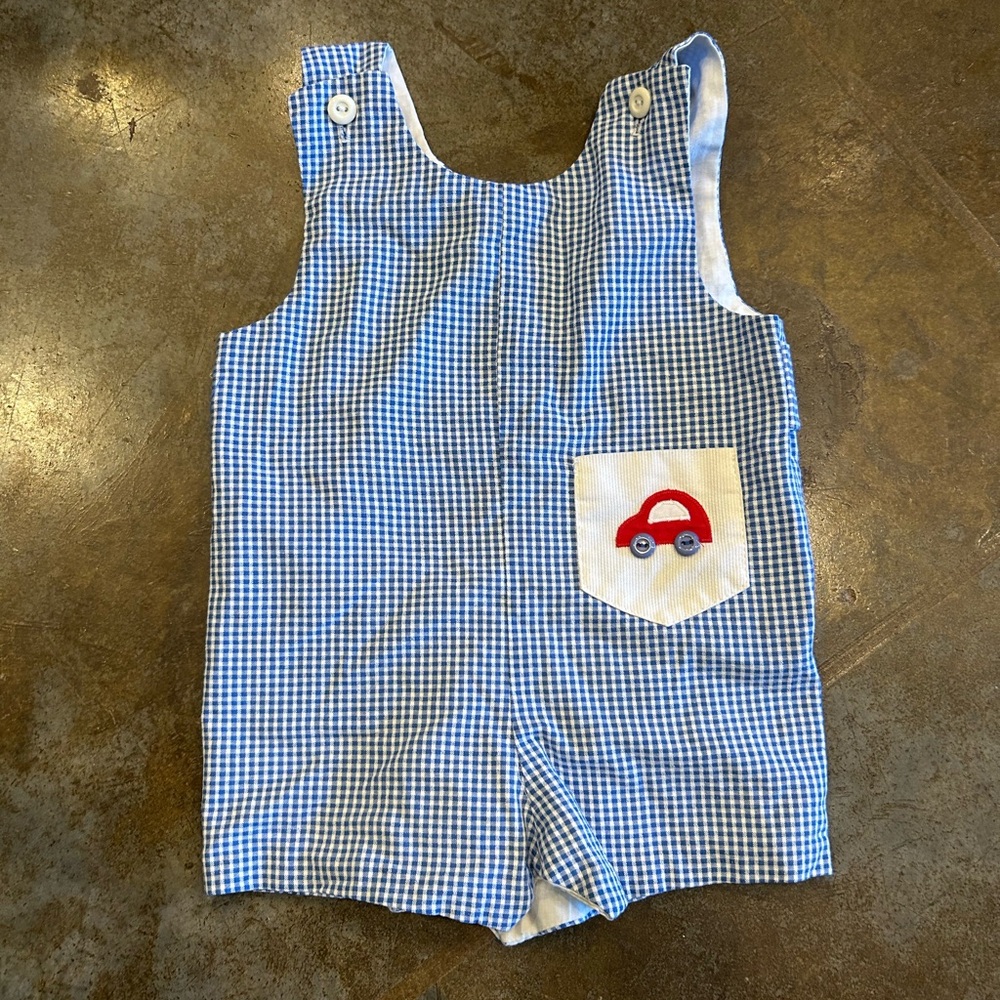 Blue Gingham Baby Romper with Red Car Pocket